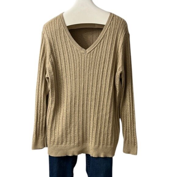 Laura Scott Tan Metallic Gold V-Neck Cable Knit Pullover Sweater 2X - Picture 1 of 9